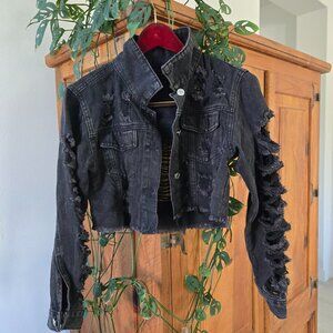 Distressed Cropped Denim Jean Jacket - Black